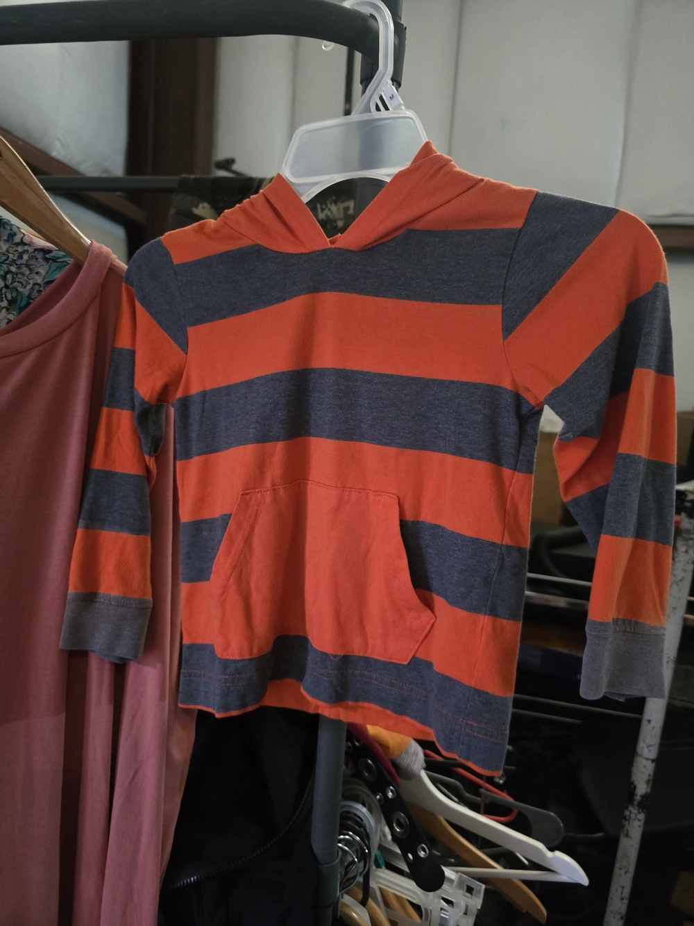 Healthtex Orange and Gray Striped Hooded Long Sleeve Shirt.